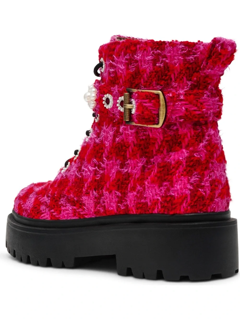 Betsey Johnson Hot Pink Tweed Pearl-Embellished Lace-Up Combat Boot
